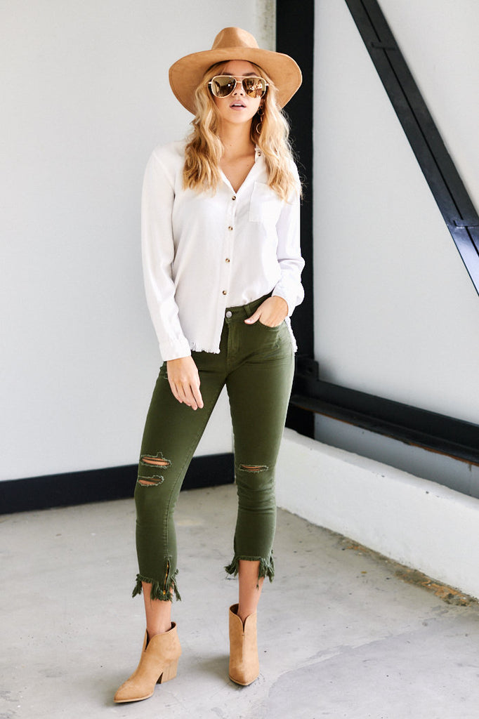 Darby Distressed Hem Button Down Top - fab'rik