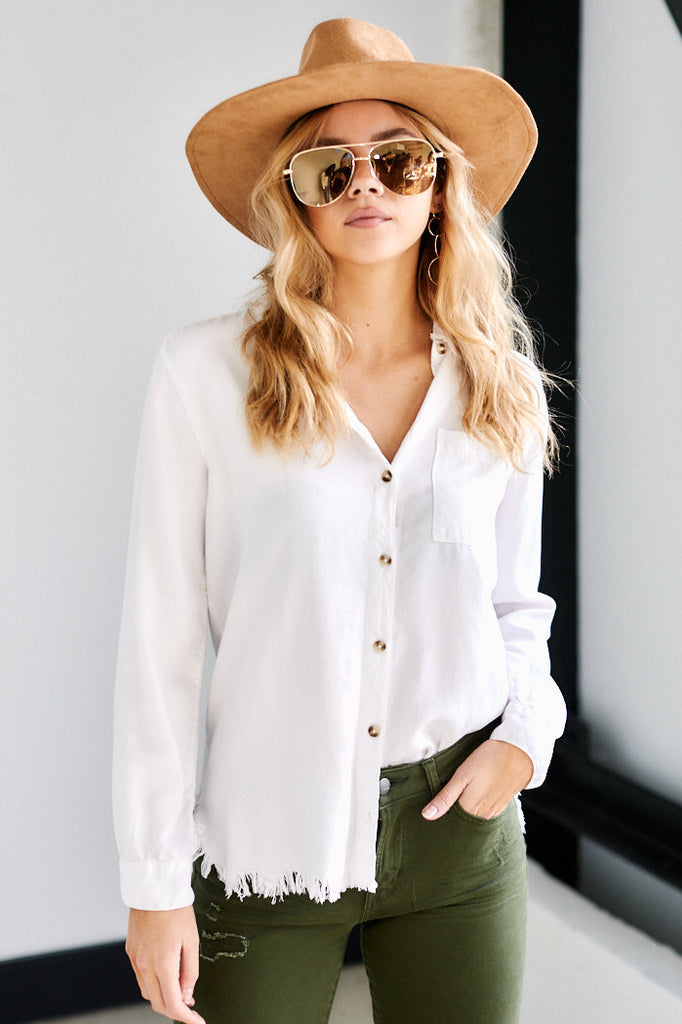 Darby Distressed Hem Button Down Top - fab'rik