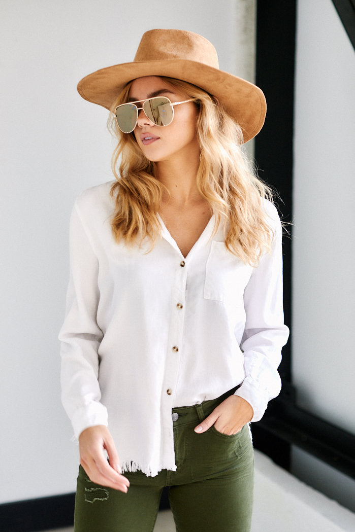 Darby Distressed Hem Button Down Top - fab'rik