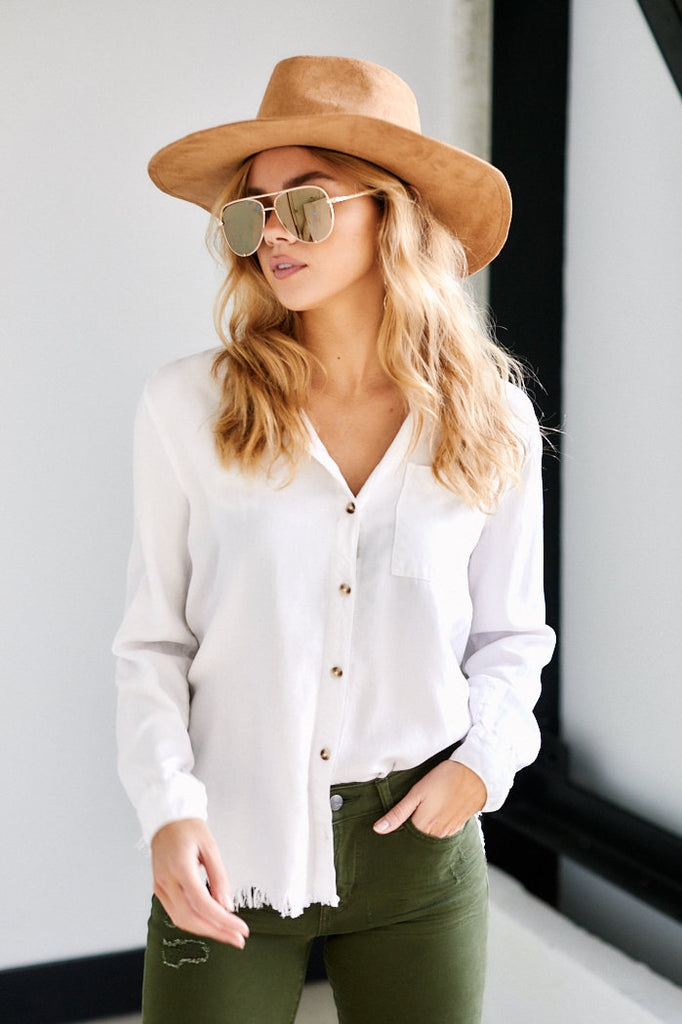 Darby Distressed Hem Button Down Top - fab'rik