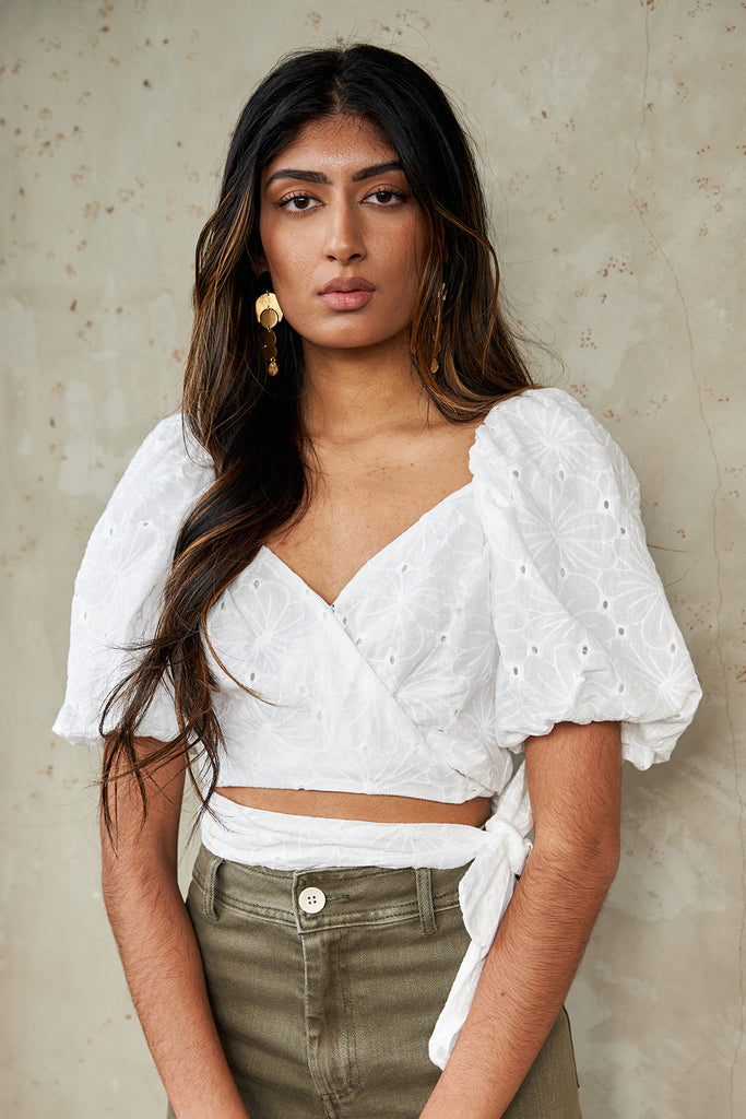 Higgins Eyelet Puff Sleeve Cropped Blouse - fab'rik