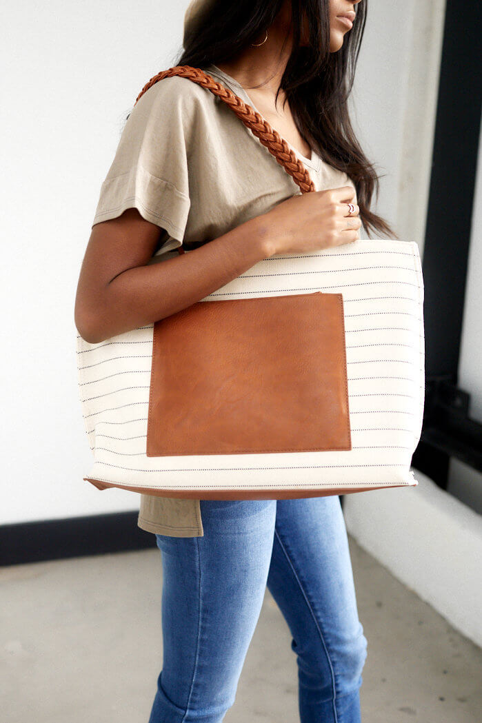 Bridgette Stripe Tote with Braided Handle - fab'rik