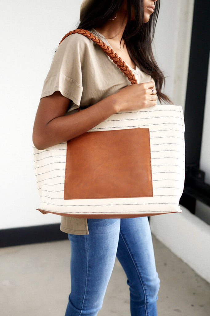 Bridgette Stripe Tote with Braided Handle - fab'rik