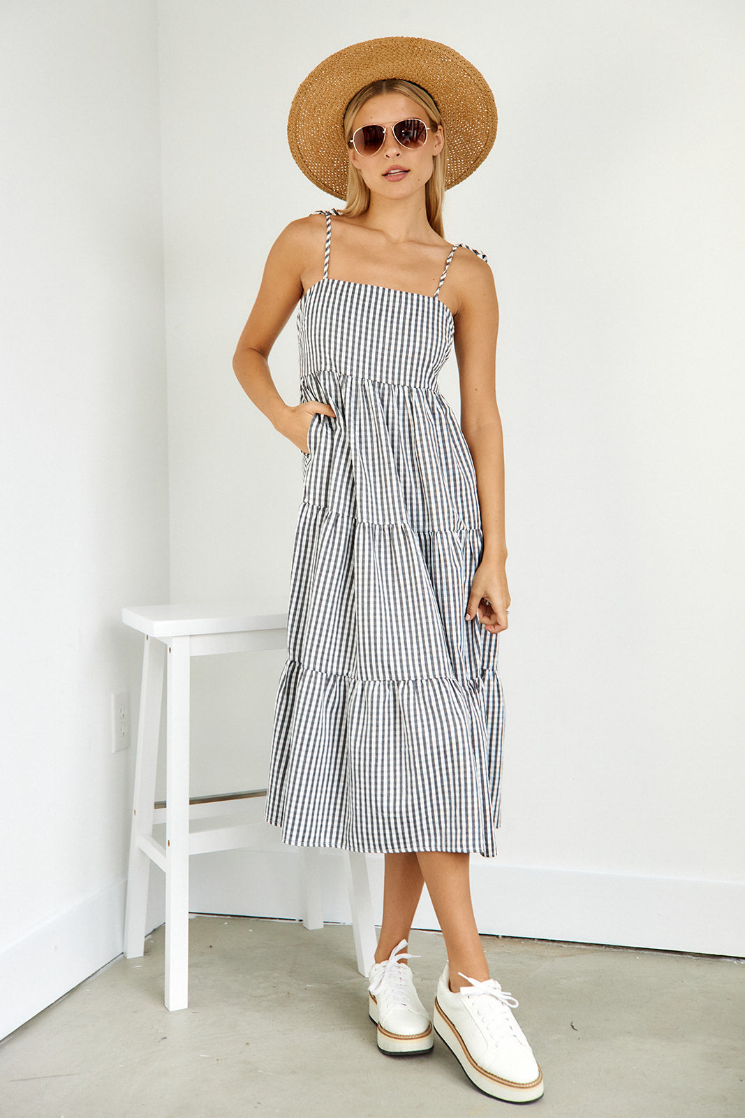 Aria Gingham Tiered Midi Dress - fab'rik