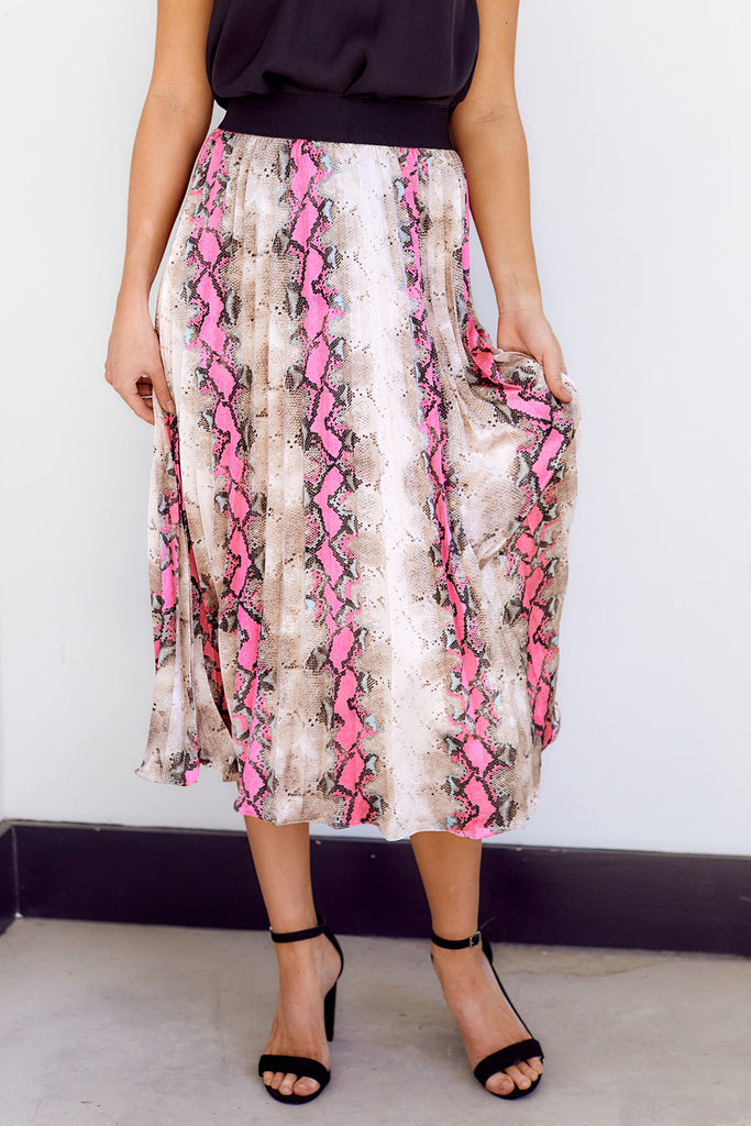 Mae Pleated Snake Print Midi Skirt - fab'rik