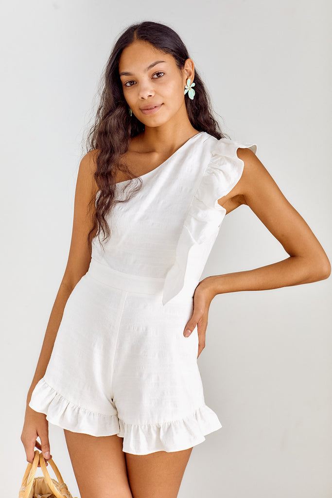 SALE - Devi One Shoulder Ruffle Trim Romper - fab'rik