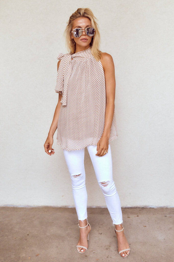 Alisson Sleeveless Stripe Tie Neck Blouse - fab'rik