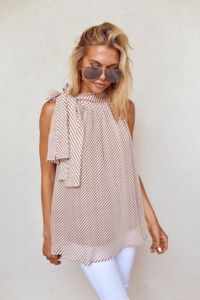 Alisson Sleeveless Stripe Tie Neck Blouse - fab'rik