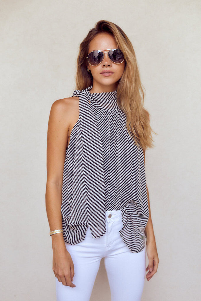 Alisson Sleeveless Stripe Tie Neck Blouse - fab'rik
