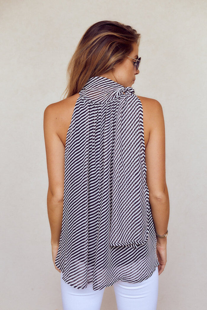 Alisson Sleeveless Stripe Tie Neck Blouse - fab'rik