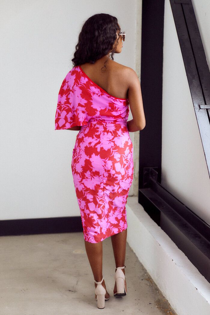 Veronica One Shoulder Floral Print Midi Dress - fab'rik