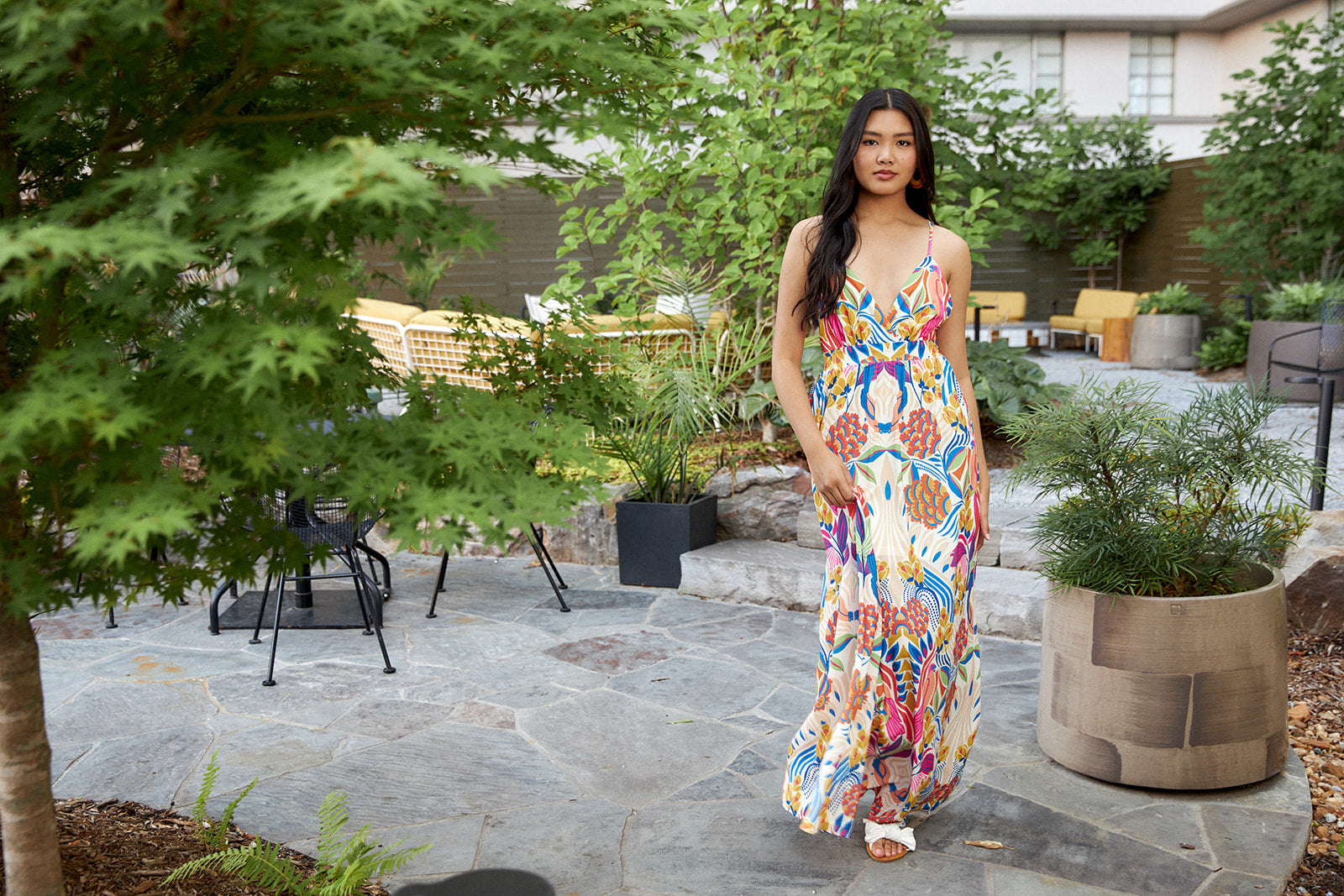Esa Printed Plunge Neck Maxi Dress - fab'rik