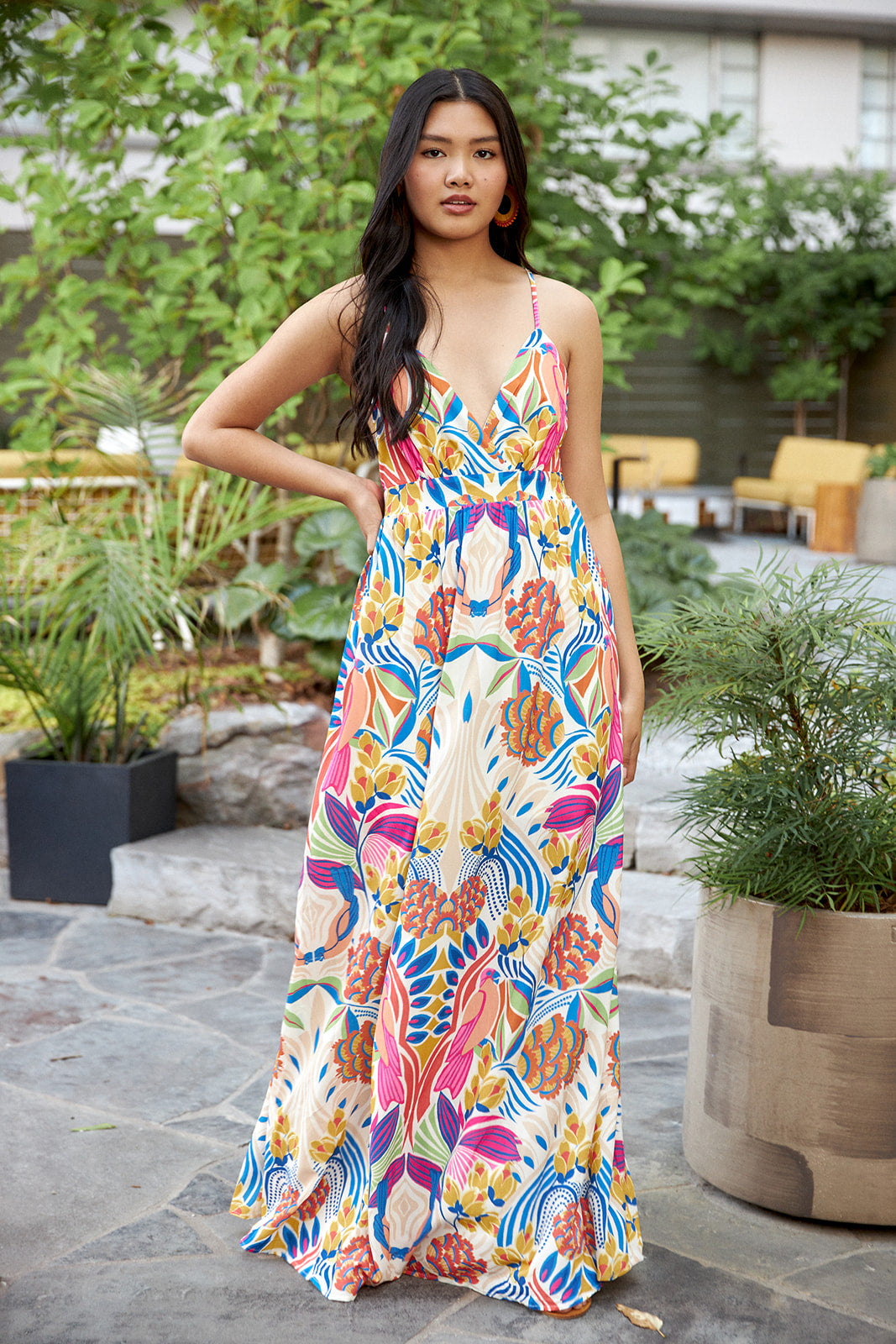 Esa Printed Plunge Neck Maxi Dress - fab'rik
