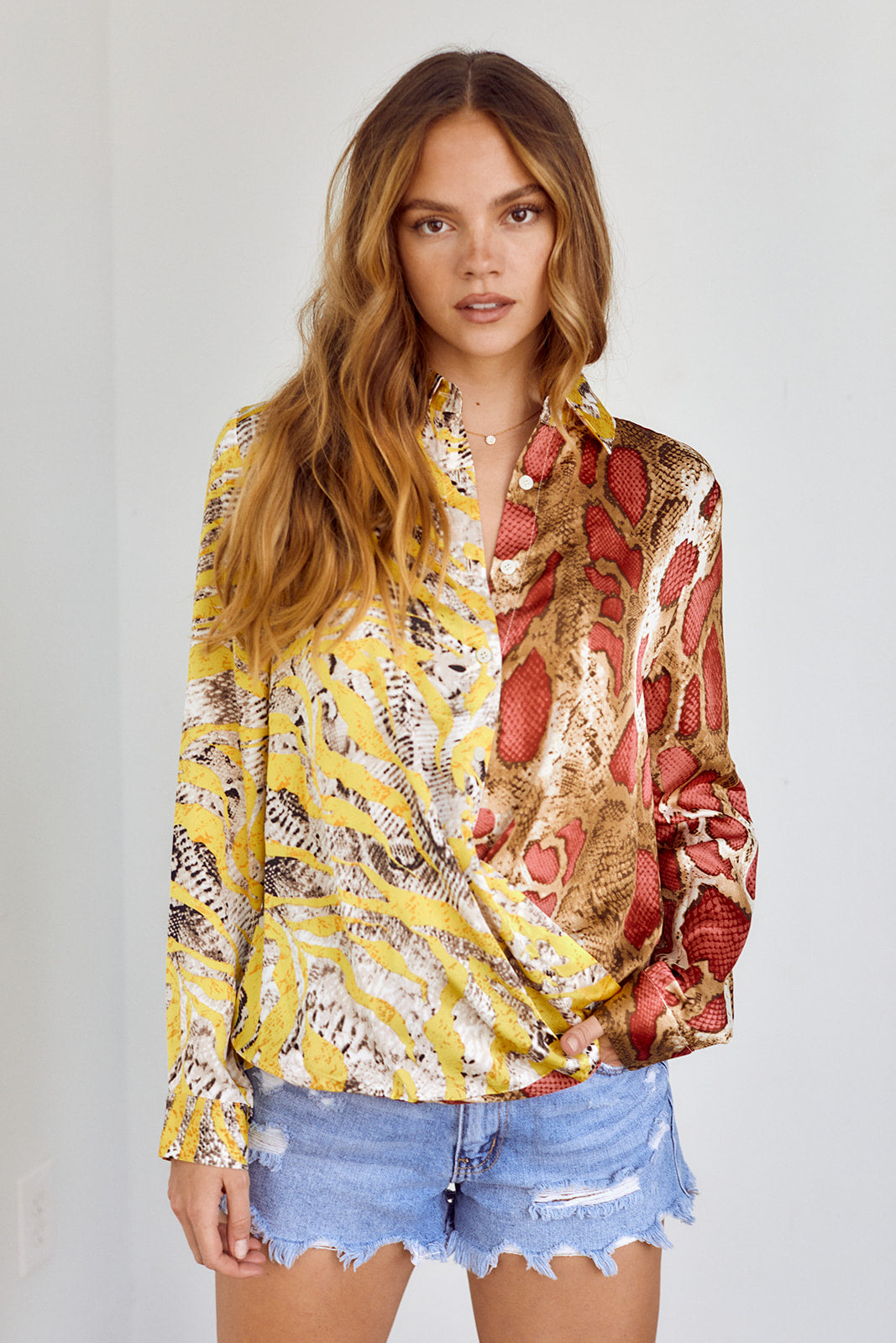SALE - Kylie Mixed Print Surplice Blouse - fab'rik