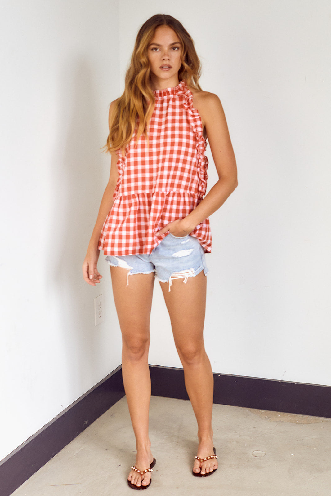 SALE - Shoshanna Gingham Ruffled Halter Blouse - fab'rik