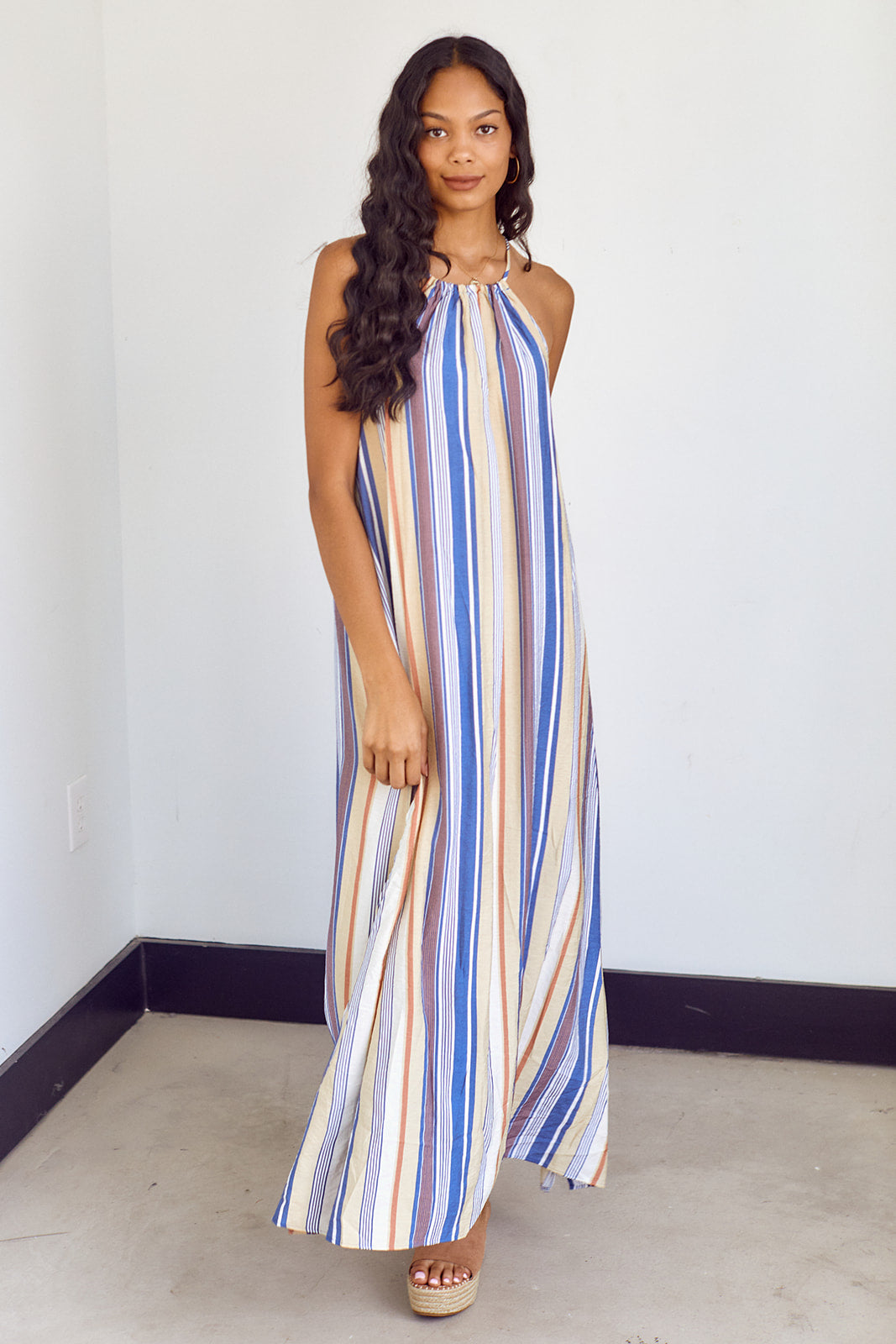 SALE - Gibson Striped Halter Neck Maxi Dress - fab'rik