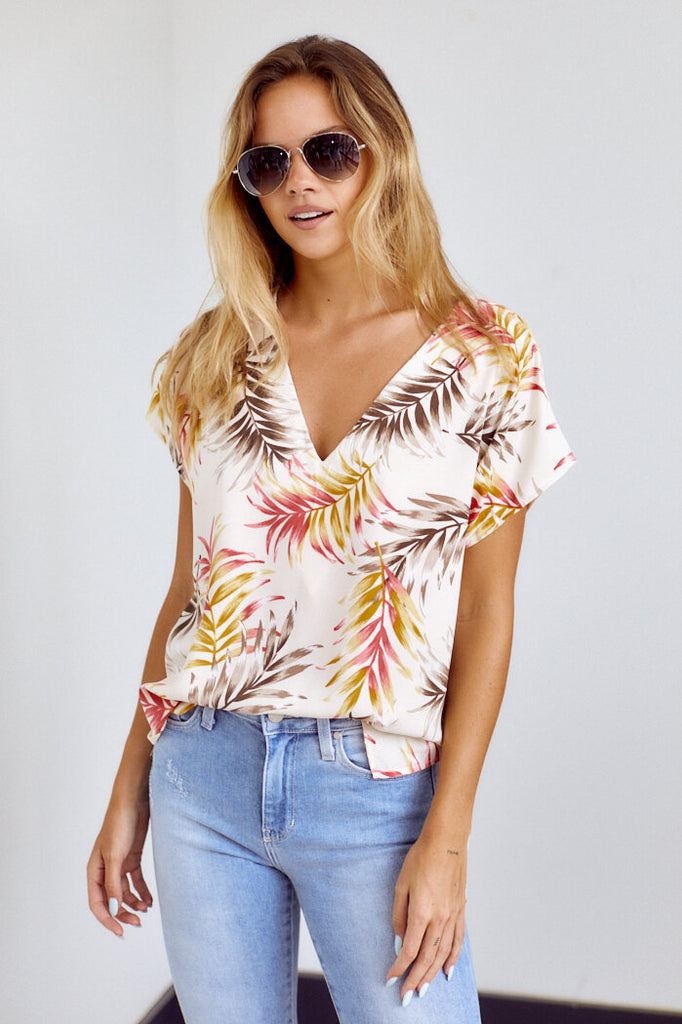 SALE - Maya Palm Print V Neck Blouse - fab'rik