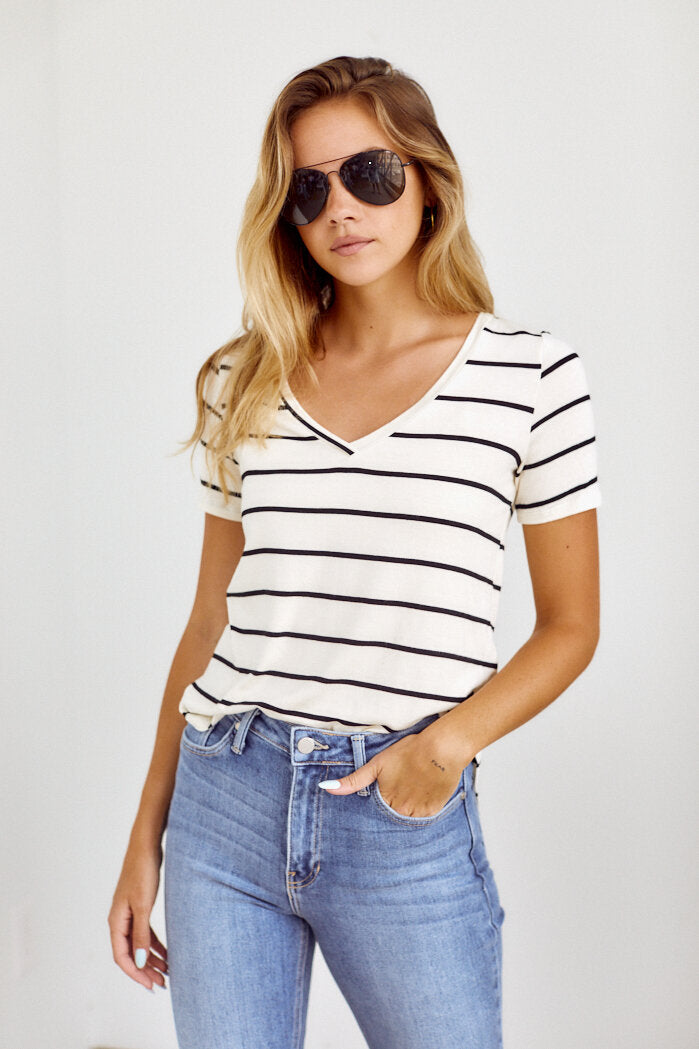 SALE - Bentley Striped V Neck Tee - fab'rik