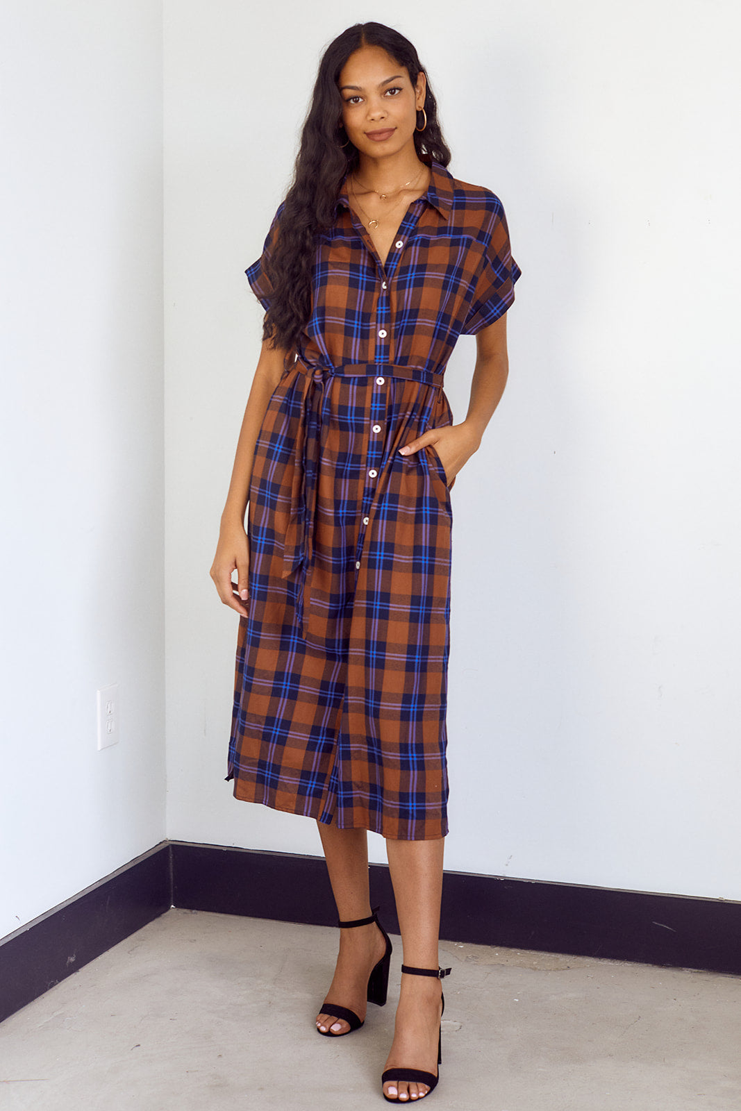 Flores Plaid Button Down Midi Dress - fab'rik