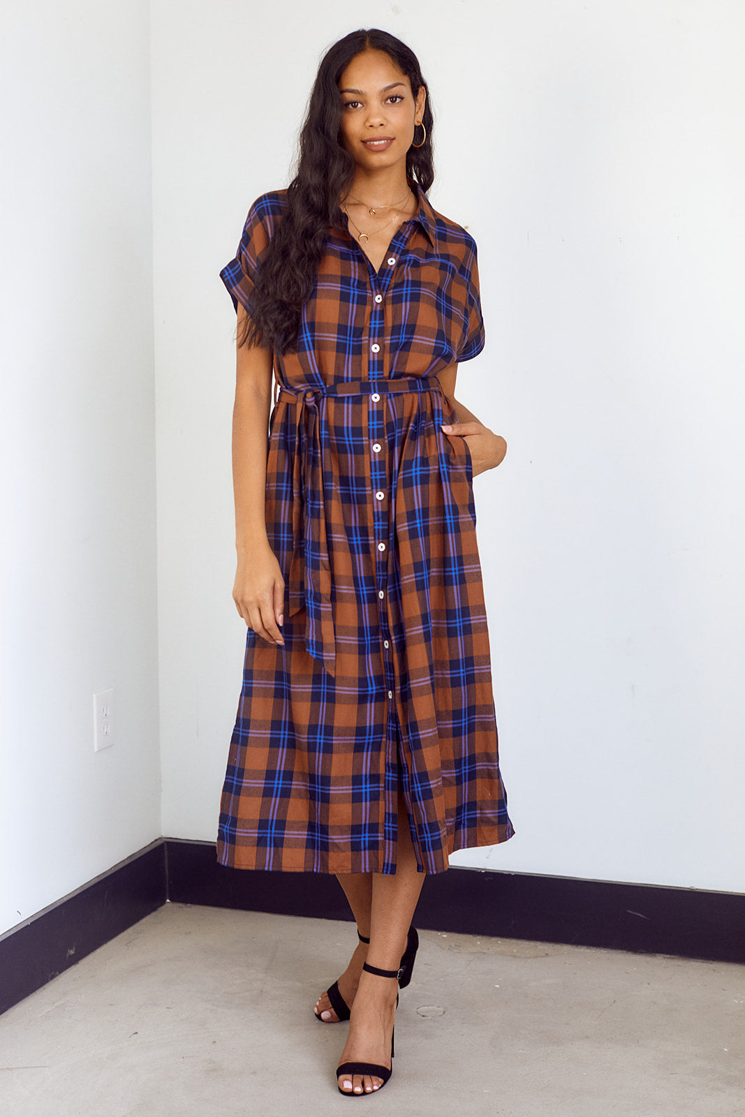 Flores Plaid Button Down Midi Dress - fab'rik