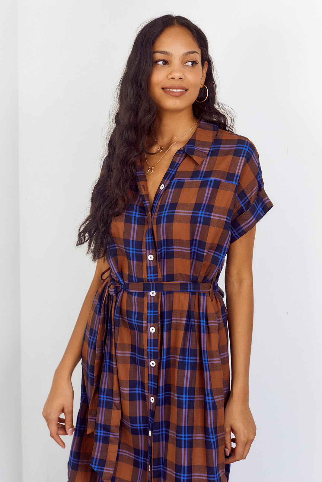 Flores Plaid Button Down Midi Dress - fab'rik