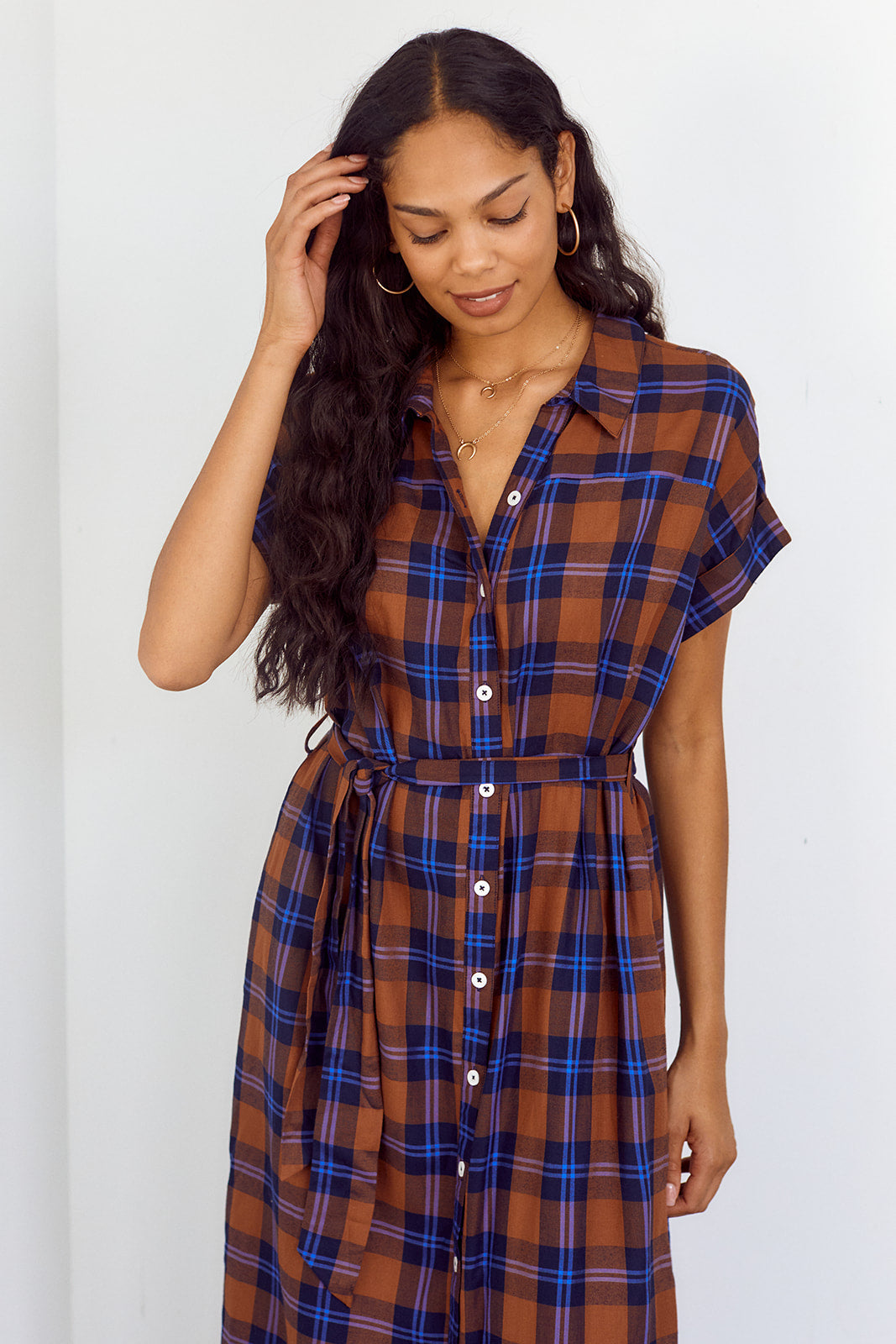 Flores Plaid Button Down Midi Dress - fab'rik