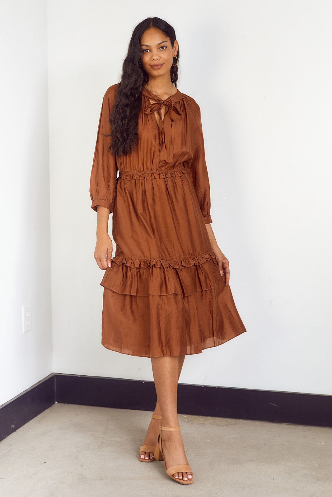 Benefield Tie Neck Tiered Midi Dress - fab'rik