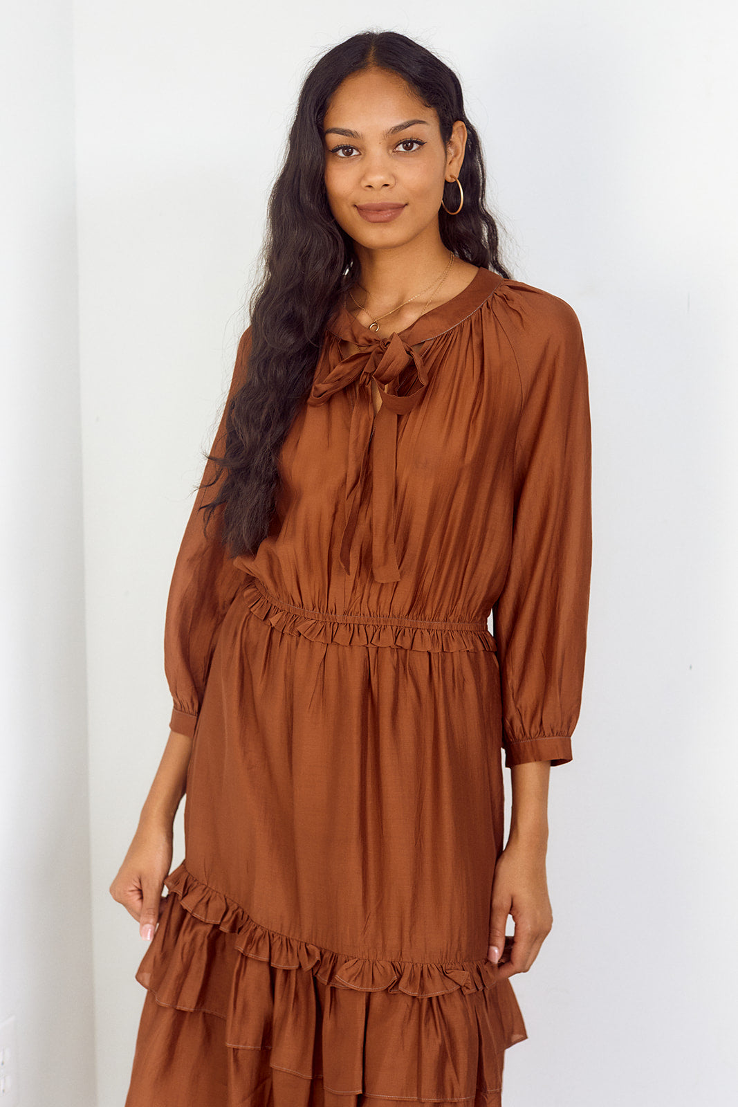 Benefield Tie Neck Tiered Midi Dress - fab'rik