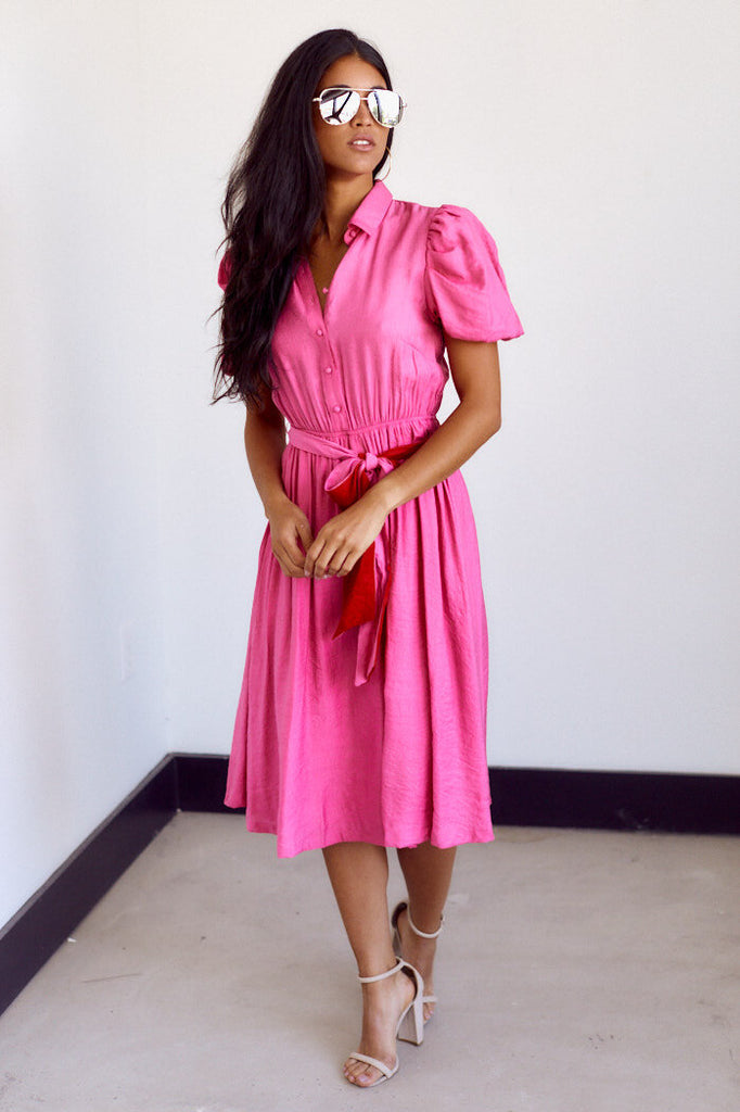 SALE - Tara Button Front Puff Sleeve Midi Dress - fab'rik
