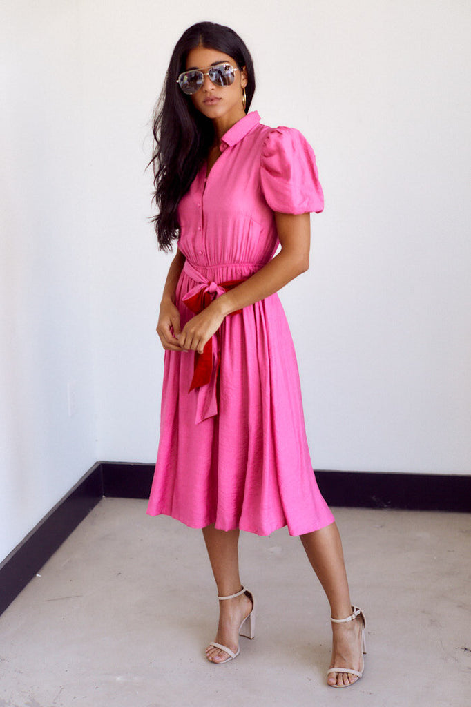 SALE - Tara Button Front Puff Sleeve Midi Dress - fab'rik