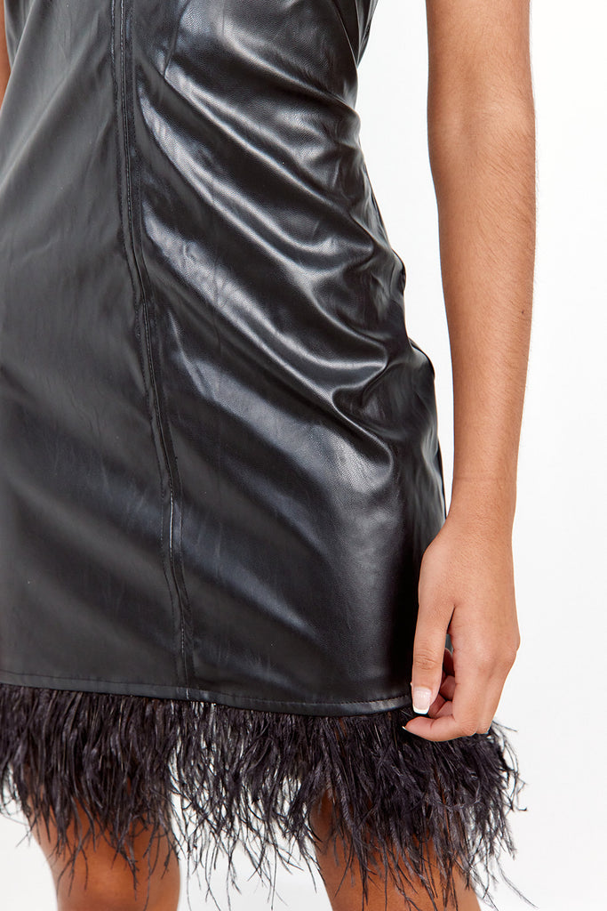 Jada Leather Feather Trim Mini Dress - fab'rik