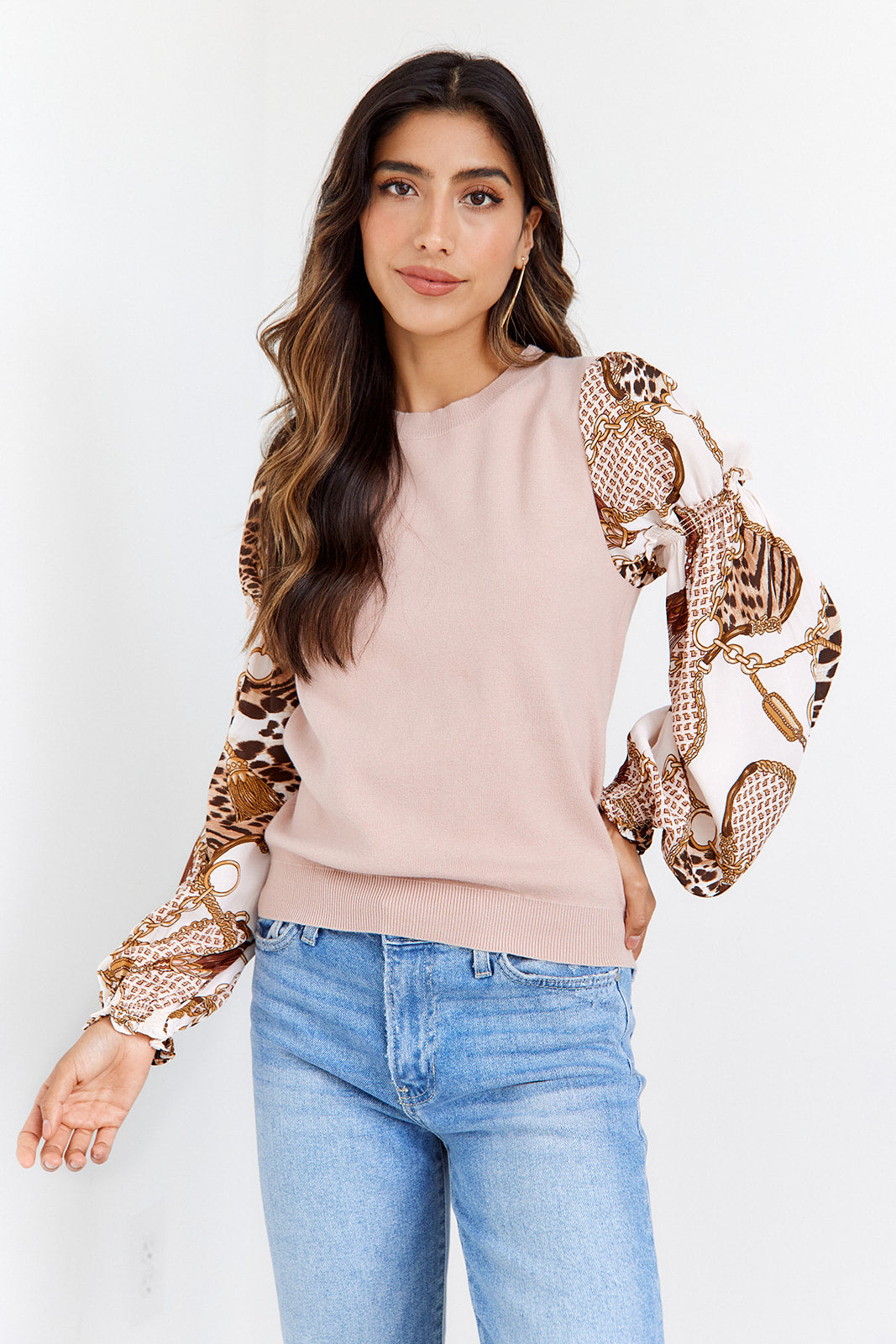 Idris Scarf Print Sleeves Knit Sweater - fab'rik
