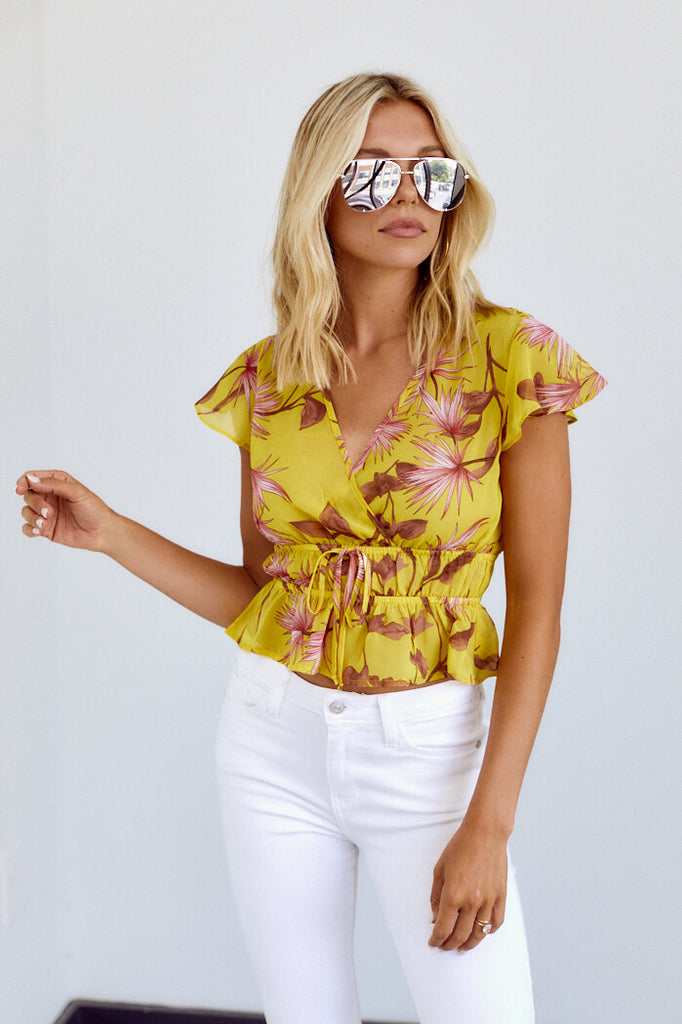 SALE - Rina Palm Print Faux Wrap Blouse - fab'rik
