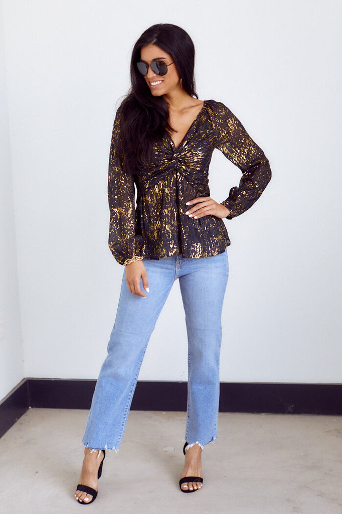 PreOrder Clarissa Metallic Detail Long Sleeve Blouse - fab'rik
