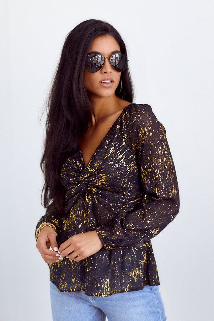 PreOrder Clarissa Metallic Detail Long Sleeve Blouse - fab'rik