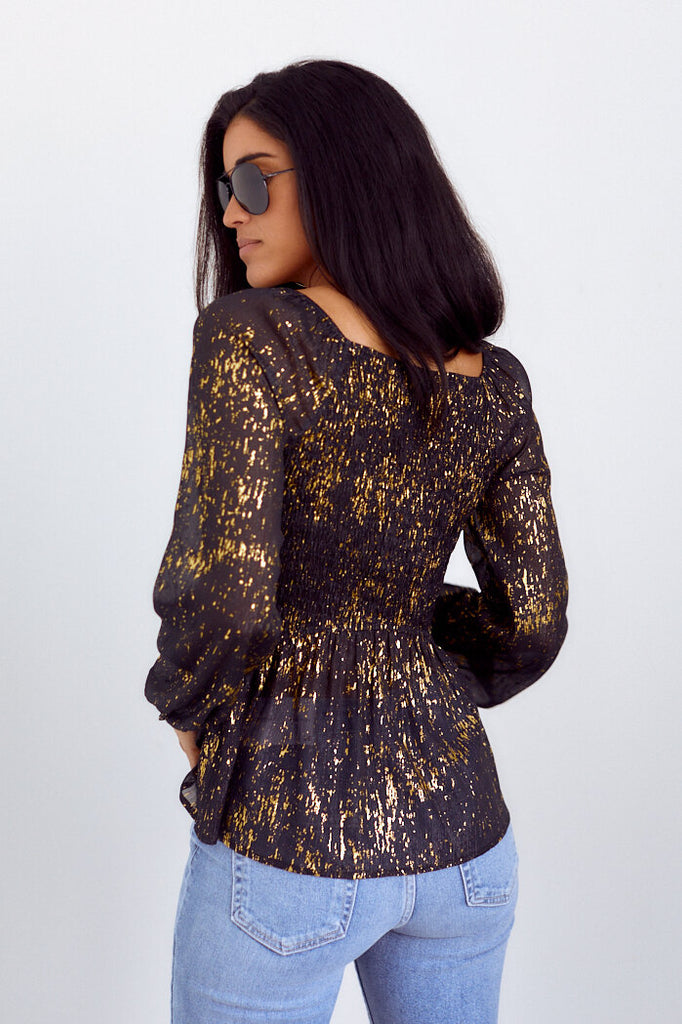 PreOrder Clarissa Metallic Detail Long Sleeve Blouse - fab'rik
