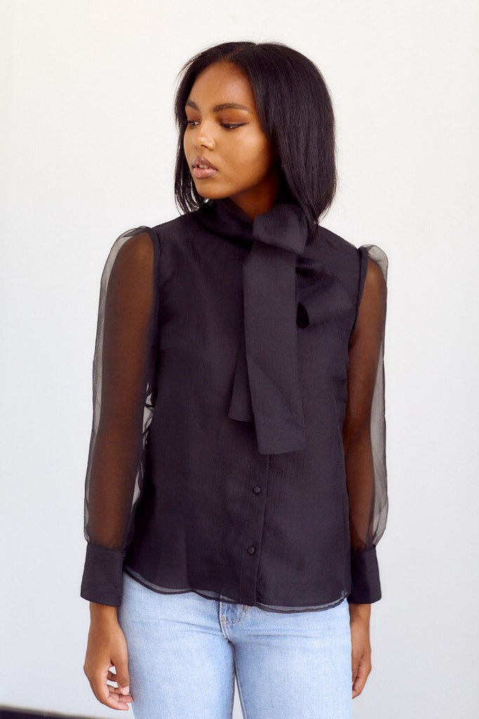 Minott Sheer Sleeve Tie Neck Blouse - fab'rik