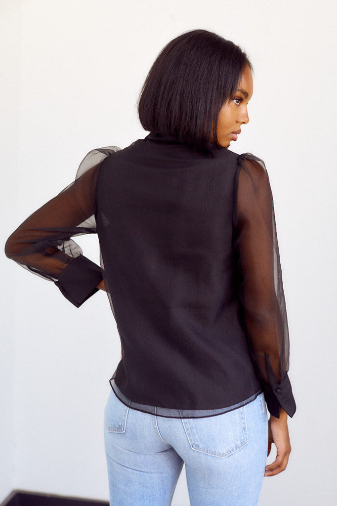 Minott Sheer Sleeve Tie Neck Blouse - fab'rik