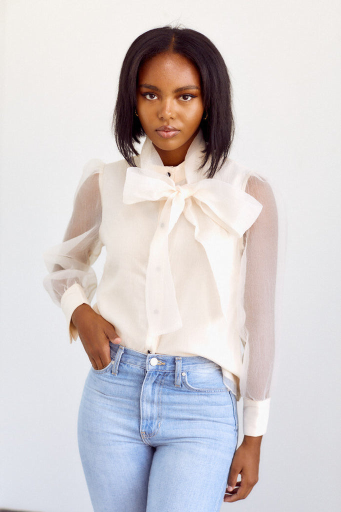 Minott Sheer Sleeve Tie Neck Blouse - fab'rik