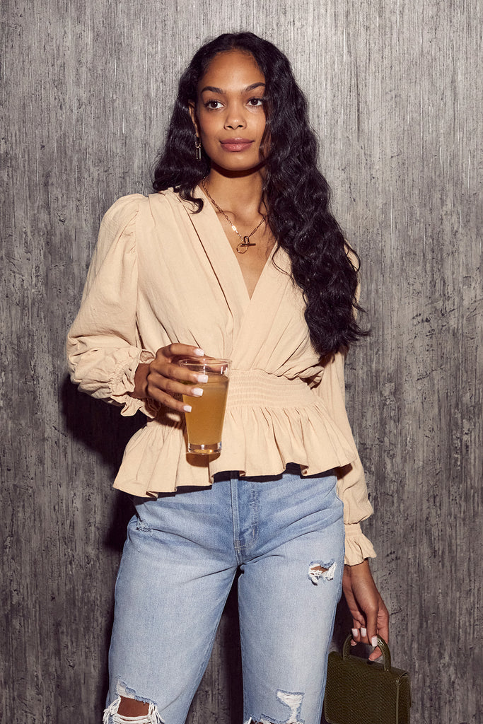SALE - Rudie Surplice Puff Sleeve Peplum Blouse - fab'rik