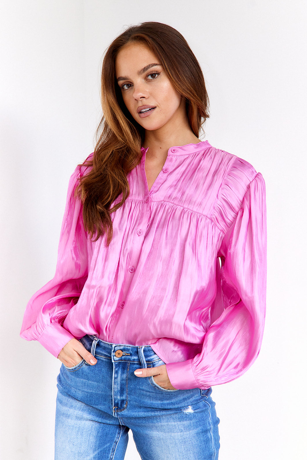 Vanessa Satin Shirred Button Blouse - fab'rik