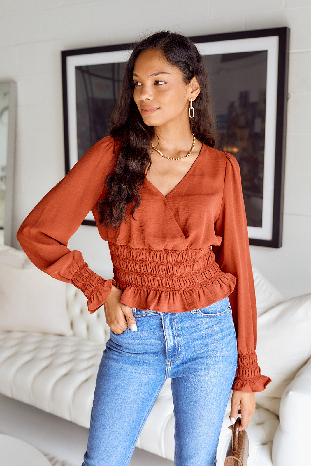 SALE - Bevvi Smocked Waist Surplice Blouse - fab'rik