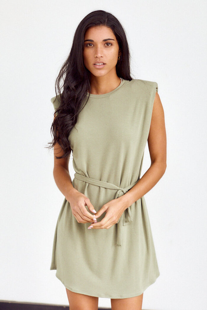SALE - Monroe Shoulder Pad Tie Waist Dress - fab'rik