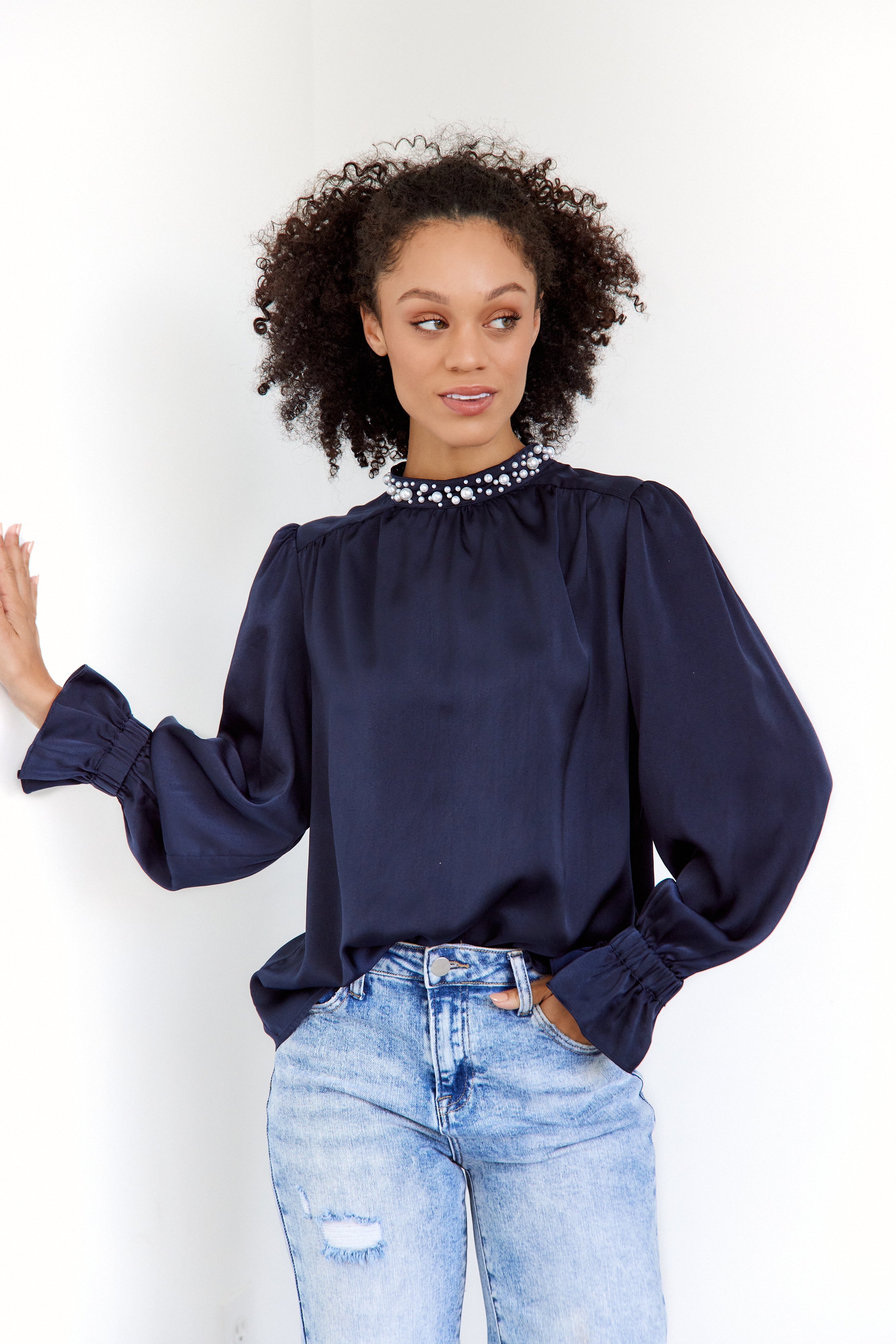 Aster Pearl Mock Neck Blouse - fab'rik