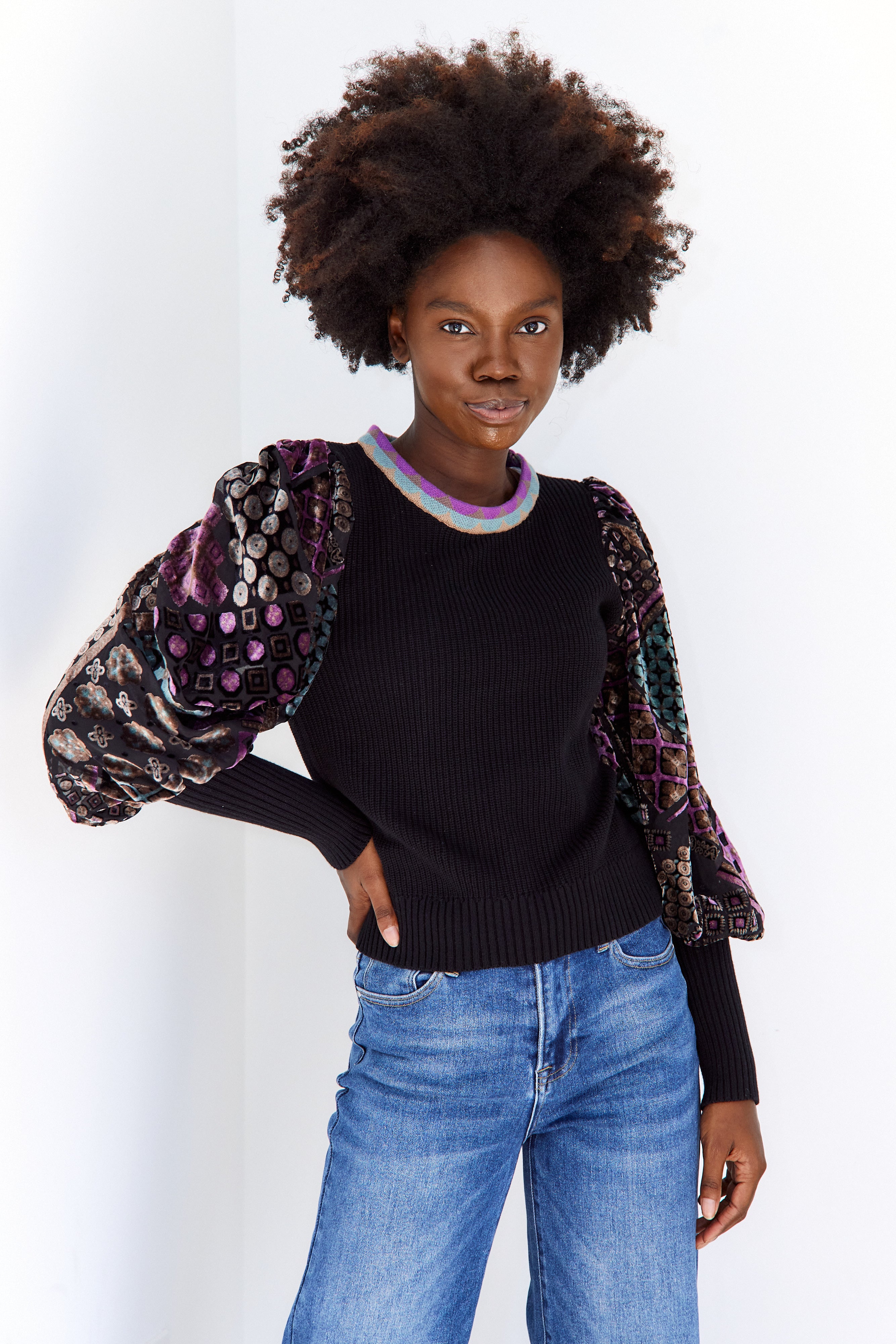 Everleigh Printed Velvet Sleeve Sweater - fab'rik