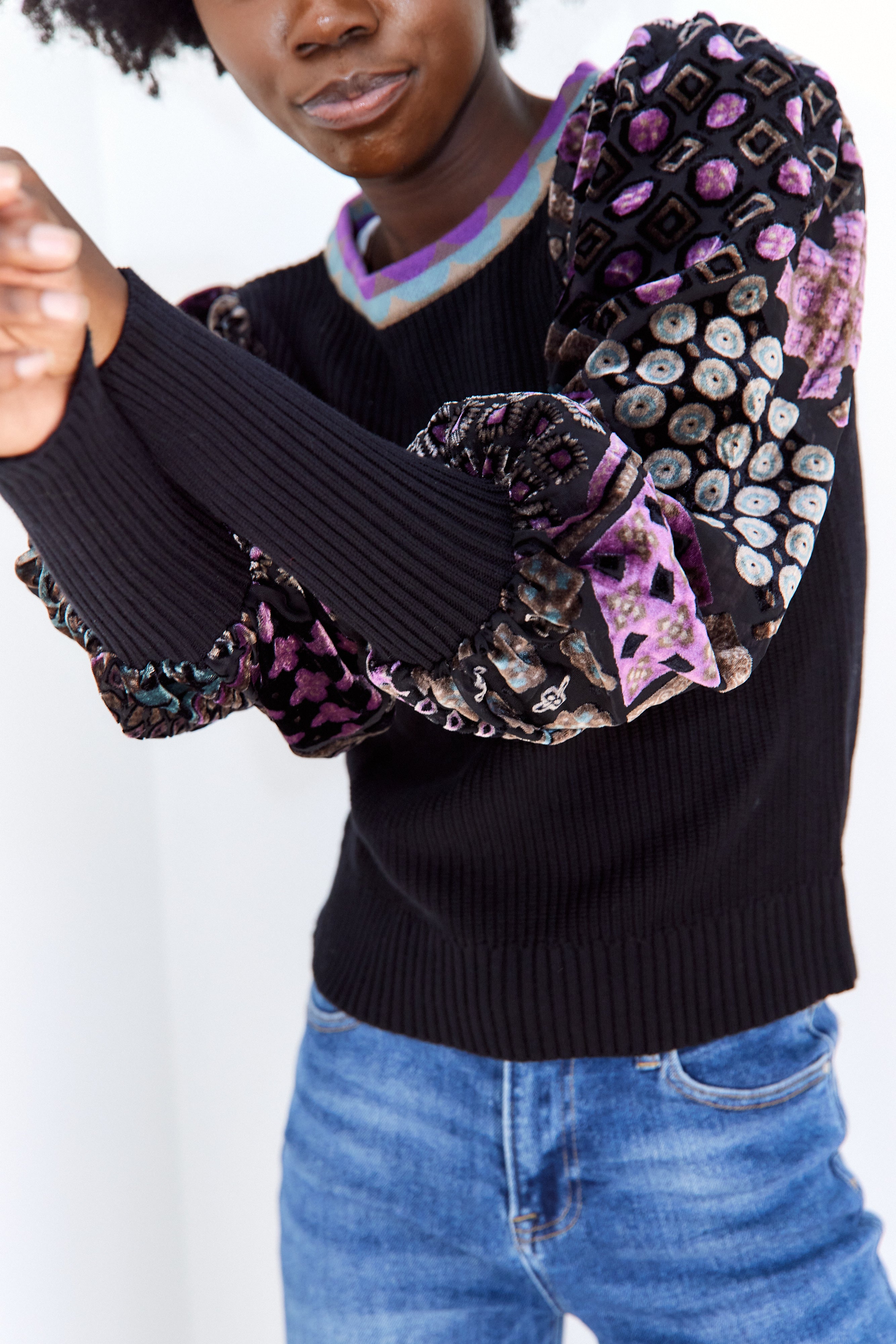 Everleigh Printed Velvet Sleeve Sweater - fab'rik