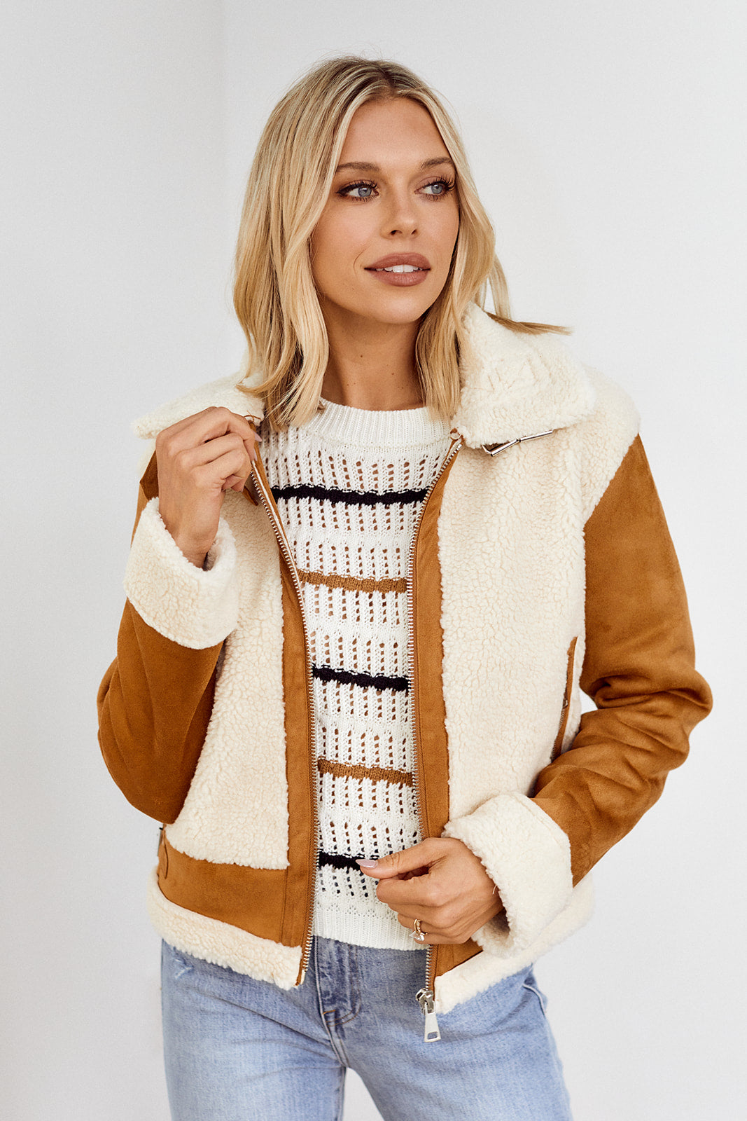 SALE - Mincie Faux Suede Trim Shearling Jacket - fab'rik