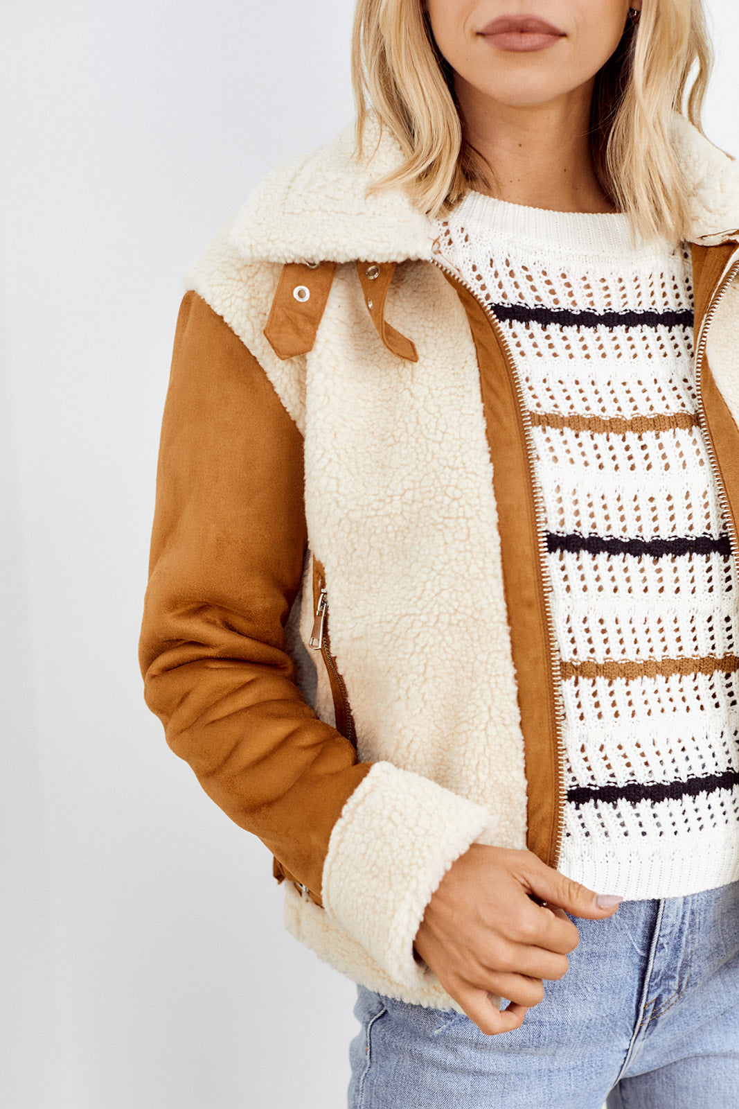 SALE - Mincie Faux Suede Trim Shearling Jacket - fab'rik