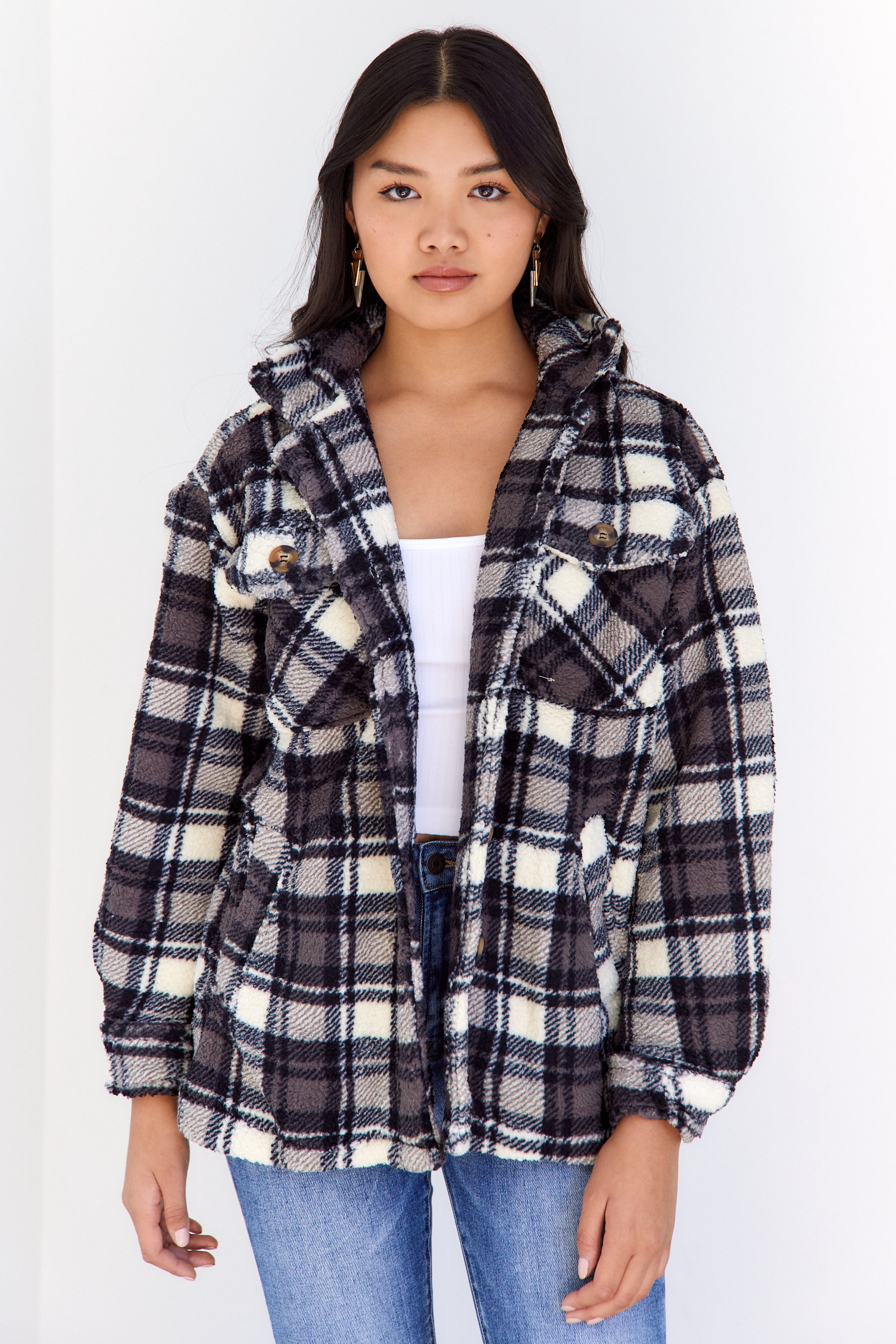 Nikki Fuzzy Plaid Shacket - fab'rik