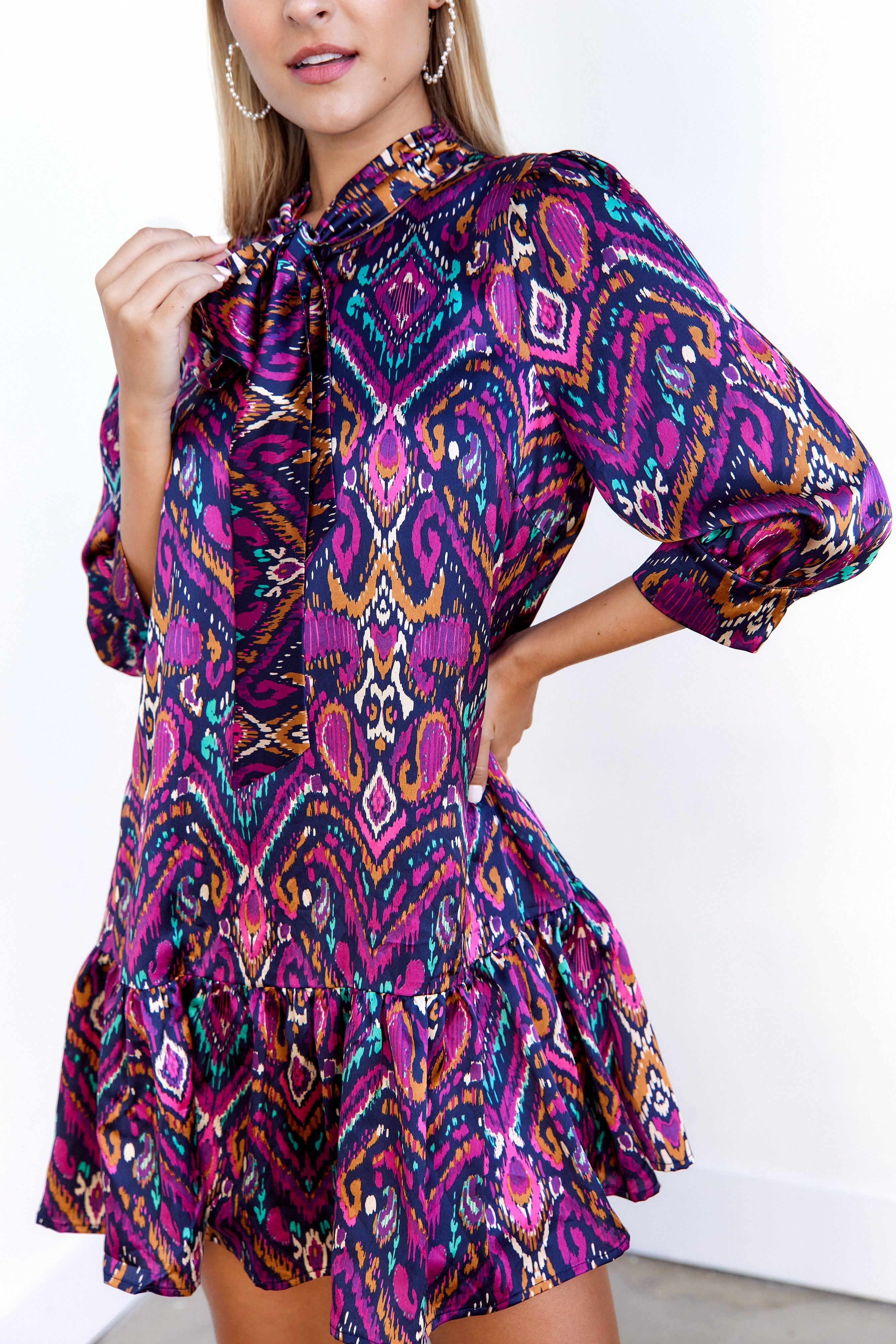 Bentley Tie Neck Printed Mini Dress - fab'rik